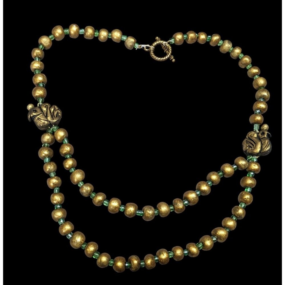 Handmade Polymer Clay Beaded Gold Tone And Green Necklace With Bird Accents